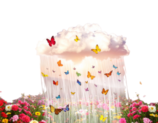  A colorful cloud gently rains butterflies and flowers, filling the scene with a magic