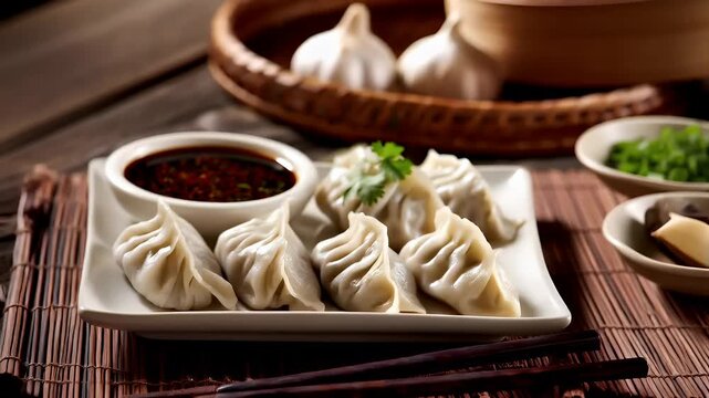 Chinese lunar new year holiday celebration. Spring festival tradition. Chunjie. Asia. A closeup shot of a plate of dumplings with dipping sauces and garnishes on a wooden table setting.