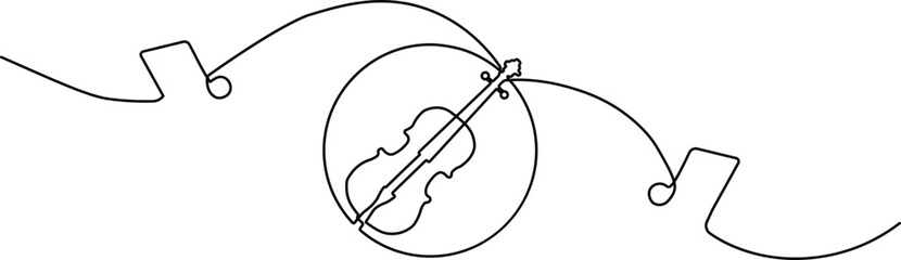 Minimalist one-line art of an elegant violin in a circular frame with musical note accents, perfect for music logos, branding, and artistic posters.