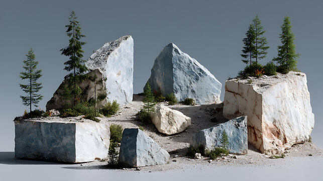 3D number 1 hyperreal stone sculpture living trees micro dust pure white background ultra detailed mood neutral tone macro perspective, Realistic Photo