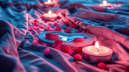 Charming heart shaped candies and candles in selective focus for a romantic atmosphere