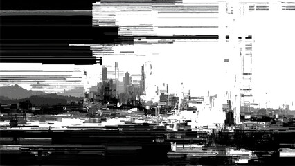A distorted and glitching black and white image of an industrial city skyline with buildings and smoke © MR JOKER