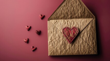 Love letter envelope with paper hearts on pink background for valentine s day or anniversary
