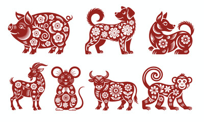 Chinese Zodiac Animals with Floral Patterns
