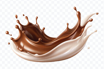 realistic 3d dynamic splash of  chocolate with milk in curve style isolated on transparent background	
