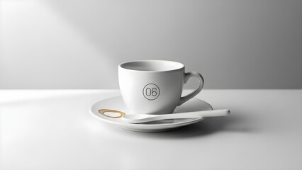 A serene minimal coffee setup on a white table against a gray wall