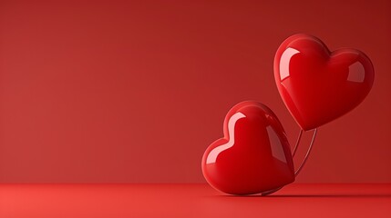 Two red hearts with  happy valentine s day  text on a red background featuring copy space