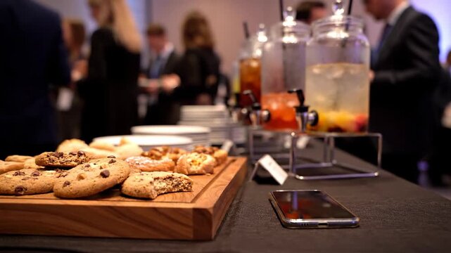 Catering Table with Chocolate Chip Cookies and Fruit Infused Water