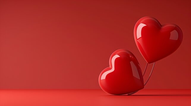 Two red hearts with  happy valentine s day  text on a red background featuring copy space - Powered by Adobe