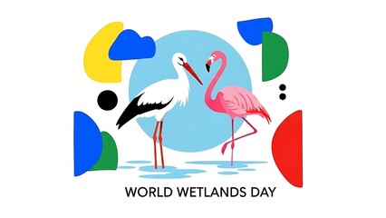 World wetlands day celebration with stork and flamingo