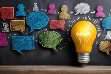 Creative communication and idea sharing concept with colorful chalk speech bubbles and lightbulb