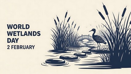 World wetlands day awareness illustration with bird and aquatic plants