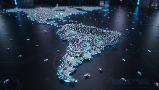 Abstract 3d illustration of a glowing blue globe with fiber optics light spots representing global business and internet connectivity across the world map in dark space - Powered by Adobe