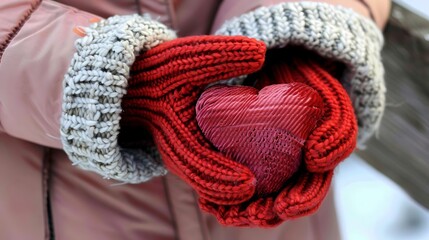 Valentine s day card  women s hands in red gloves holding a heart on a winter background