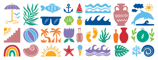 retro groovy boho geometric summer surf beach or palm tree set. beach elements hand drawn cartoon doodle signs