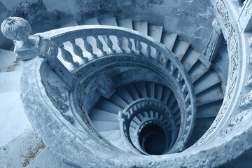 Spiral stone staircase with ornate balustrade viewed from above