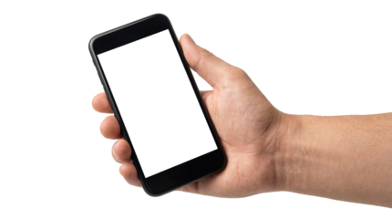 Male hand holding black smartphone with blank white screen isolated on transparent background