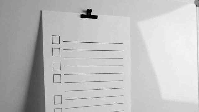 Checklist on white paper attached to a whiteboard with black clip.