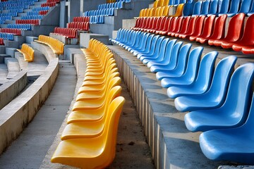 Naklejka premium Colorful stadium seats arrangement with yellow, blue, red plastic chairs
