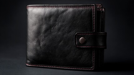 A close-up shot of a black leather wallet with red stitching and a button clasp on a dark surface