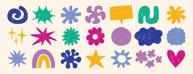 Funky cute shapes and figures crayon texture set. Brutal contemporary colorful retro star figures, flower, sun. Hand drawn primitive geometric elements.