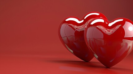 Two red hearts with happy valentine s day text on red background featuring ample copy space