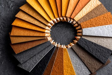 Circular arrangement of multicolored textured paper samples in earth tones