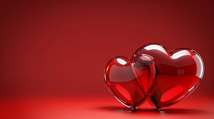 Two red hearts with  happy valentine s day  text on a red background with ample copy space