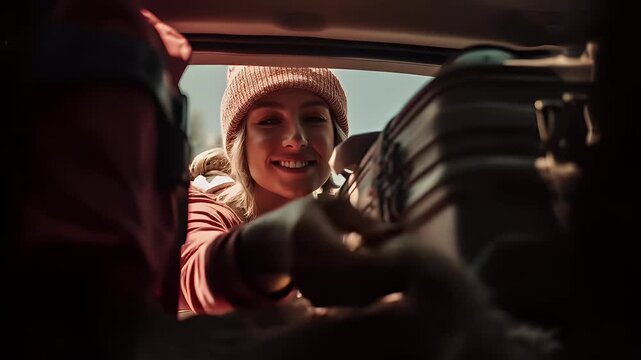 A woman in a pink beanie and red jacket is smiling as she sits inside a vehicle. The vehicles interior is visible, with the womans hand resting on the seat. The background is blurred.