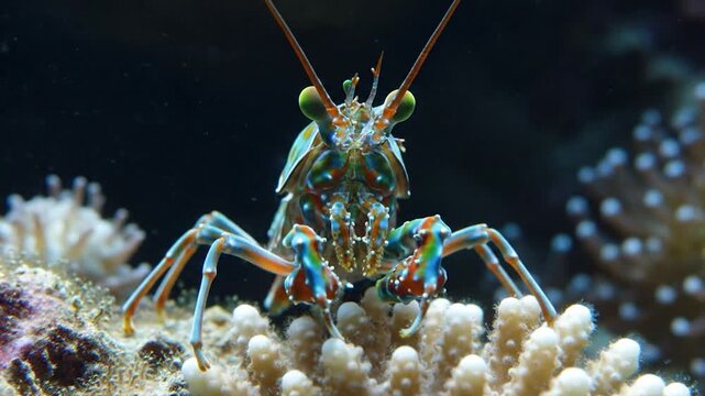 A colorful close-up of a mantis shrimp on coral, displaying vibrant patterned shell