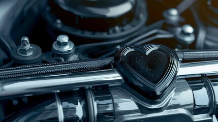 Closeup of a car engine featuring a black heart against a striking engine background