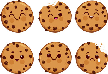 Homemade Chocolate chip cookies. Happy smiling kawaii cute cookies. Crunchy bitten pastry shop sweet candy biscuits characters, tasty bakery snacks with dark brown chocolate drops and vanilla flavor. 