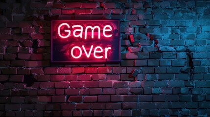 A neon sign reading 'Game Over' in bright red against a textured blue and black brick wall. The scene conveys a sense of finality and gaming culture.