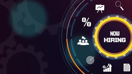 Now hiring concept with digital business dashboard, recruitment growth icons and strategic human resource data