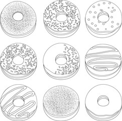 Various types of sweet doughnuts cake desserts. Set of glazed donuts with sprinkles and chocolate cream icing. Vector black and white coloring page.
