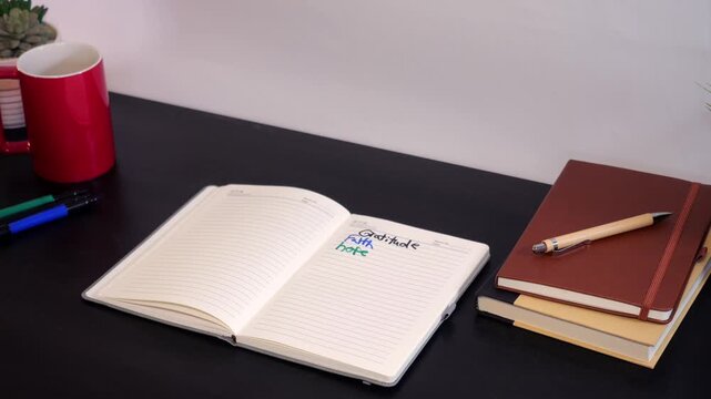 Gratitude List Journals Concept - Gray Haired Middle Aged Man Writes in Journal About What He is Grateful and Thankful For in Life