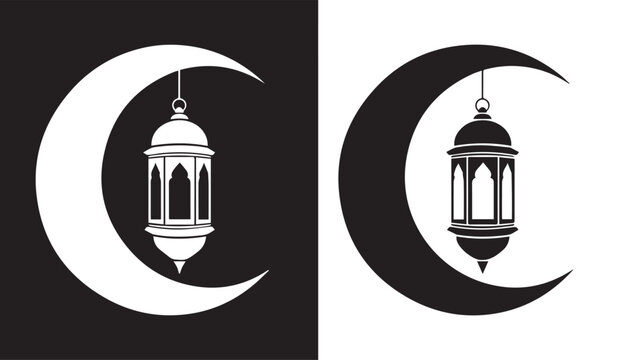 Ramadan crescent moon lanterns black and white illustration