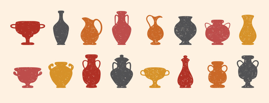 Textured ceramics vase silhouette set. Ancient amphora, greek antiques vases. Different old pottery and vessels, clay pitchers, jug. Creative decor flat vases shapes 