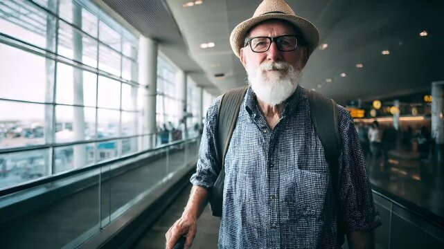 A man with a white beard and a hat stands in an airport terminal, looking out over the cityscape. He wears glasses and a patterned shirt, and his posture suggests contemplation.