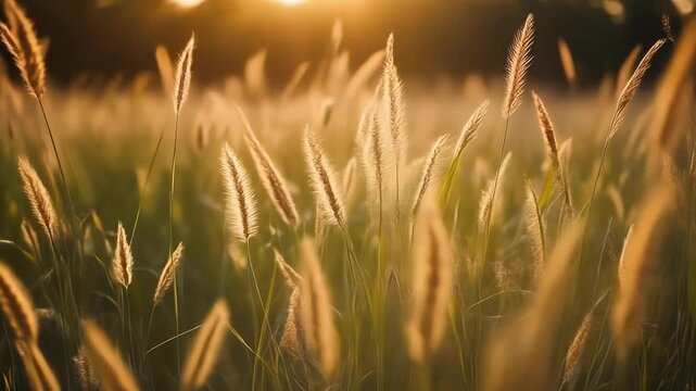 Golden field of tall grasses swaying at sunset with warm backlight
