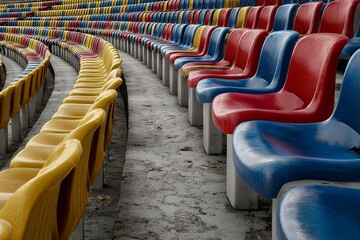 Naklejka premium Colorful empty stadium seats in curved rows arrangement