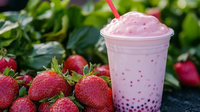 A pink boba tea with strawberries, Pink Boba Tea with Fresh Strawberries Creating a Sweet and Colorful Refreshing Drink