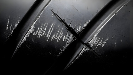 Closeup of deep scratches and abrasion marks on a dark, textured surface, conveying damage, distress, or vandalism