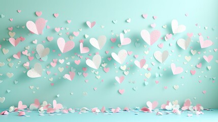 Valentine s day greeting featuring 3d rendered paper hearts on a vibrant green backdrop