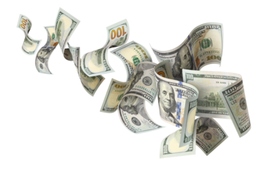 Flying hundred dollar banknotes, isolated on transparent cutout background