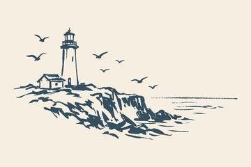 Lighthouse on coastal cliff ink sketch vector illustration © Victoria
