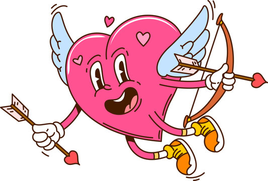 Cartoon retro groovy valentine day winged heart cupid character armed with a bow and heart shaped arrow, ready to spread love. Isolated vector cute kawaii personage radiates joy and romantic charm