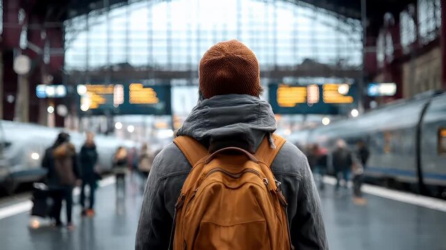 A person with a brown backpack and a red beanie stands in a train station. The scene is captured with a shallow depth of field, blurring the background and emphasizing the subject.
