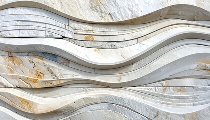 Close-up of a wall made of textured light-colored stone arranged in wavy horizontal patterns, evoking a serene and natural aesthetic