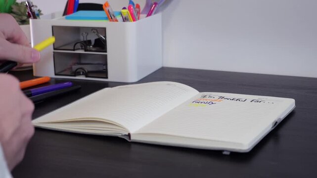 Gratitude List Journals Concept - Gray Haired Middle Aged Man Writes in Journal About What He is Grateful and Thankful For in Life